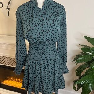 Elegant Teal Polka Dot Long Sleeve Dress